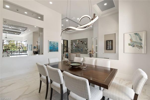 Dining room, Interior, Marble, Pendant Lights, Piano, Recessed Lighting
