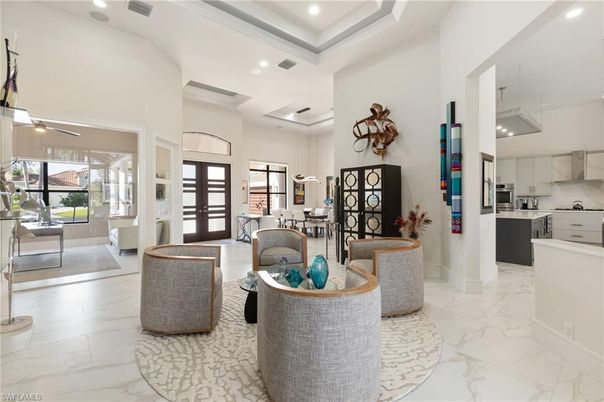 Dining room, Interior, Kitchen, Living room, Marble, Pendant Lights, Recessed Lighting, Stainless Steel Appliances