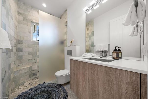 Bathroom, Interior, Recessed Lighting, Stone Walls