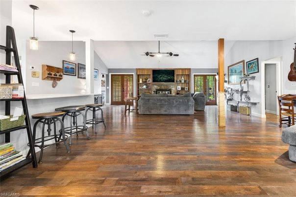 Fireplace, Interior, Living room, Pendant Lights, Wood Texture Flooring