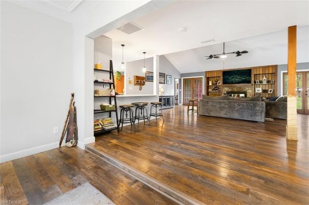 Fireplace, Interior, Living room, Pendant Lights, Wood Texture Flooring