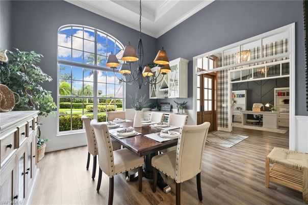 Chandelier, Dining room, Interior, Wood Texture Flooring