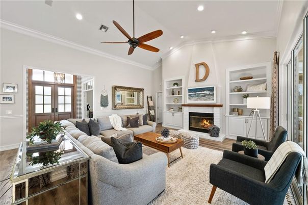 Fireplace, Interior, Living room, Recessed Lighting, Wood Texture Flooring