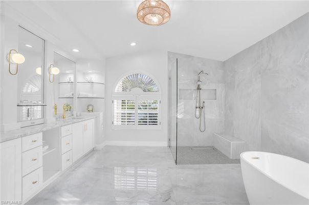 Bathroom, Dual Sink Vanities, Free Standing Baths, Glass Shower, Interior, Marble, Marble Walls, Recessed Lighting
