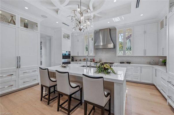 Chandelier, Interior, Kitchen, Recessed Lighting, Stainless Steel Appliances, Wood Texture Flooring
