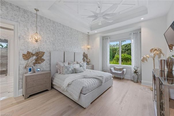 Bedroom, Interior, Pendant Lights, Recessed Lighting, Wood Texture Flooring
