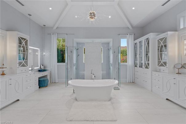 Bathroom, Dual Sink Vanities, Free Standing Baths, Glass Shower, Interior, Pendant Lights, Recessed Lighting