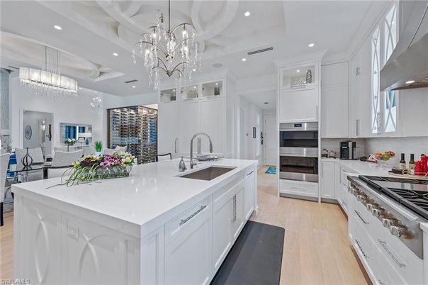 Chandelier, Interior, Kitchen, Pendant Lights, Recessed Lighting, Stainless Steel Appliances, Wood Texture Flooring