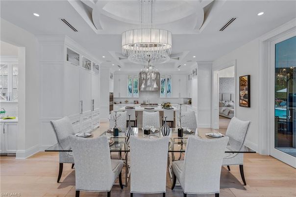 Chandelier, Dining room, Interior, Recessed Lighting, Wood Texture Flooring
