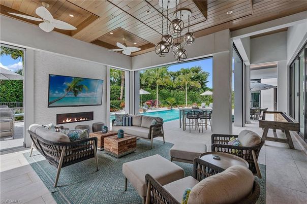 Chandelier, Fireplace, Interior, Living room, Pendant Lights, Recessed Lighting, Wooden Ceilings