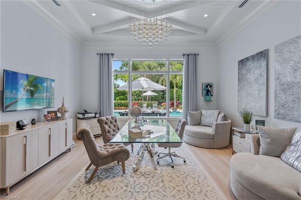 Chandelier, Home Office, Interior, Pendant Lights, Recessed Lighting, Wood Texture Flooring