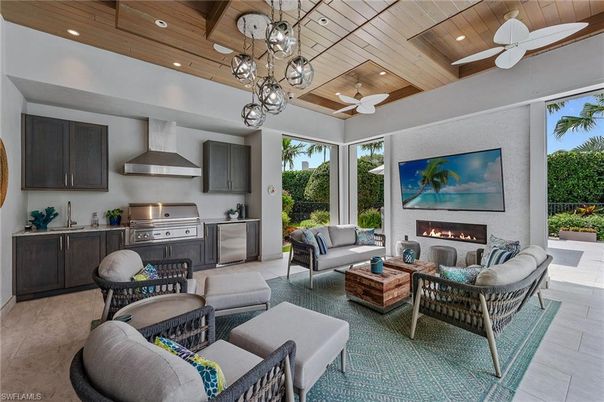 Fireplace, Interior, Kitchen, Living room, Pendant Lights, Recessed Lighting, Stainless Steel Appliances, Wooden Ceilings