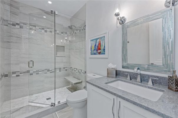 Bathroom, Glass Shower, Interior, Marble Walls, Recessed Lighting