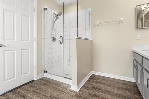Bathroom, Glass Shower, Interior, Wood Texture Flooring