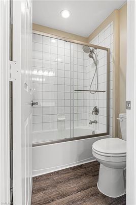 Bathroom, Glass Shower, Interior, Recessed Lighting, Wood Texture Flooring