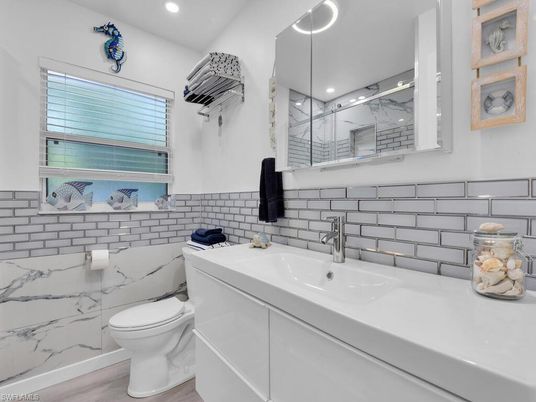 Bathroom, Interior, Marble Walls, Recessed Lighting, Wood Texture Flooring
