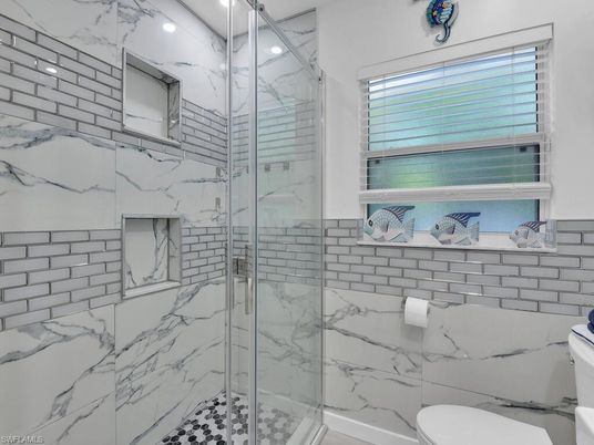 Bathroom, Glass Shower, Interior, Marble Walls, Recessed Lighting