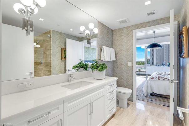 Bathroom, Bedroom, Glass Shower, Interior, Pendant Lights, Recessed Lighting, Wood Texture Flooring