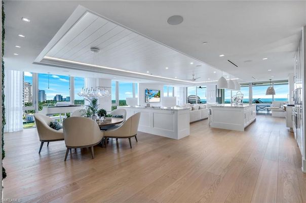 Chandelier, Dining room, Interior, Kitchen, Living room, Pendant Lights, Recessed Lighting, Wood Texture Flooring
