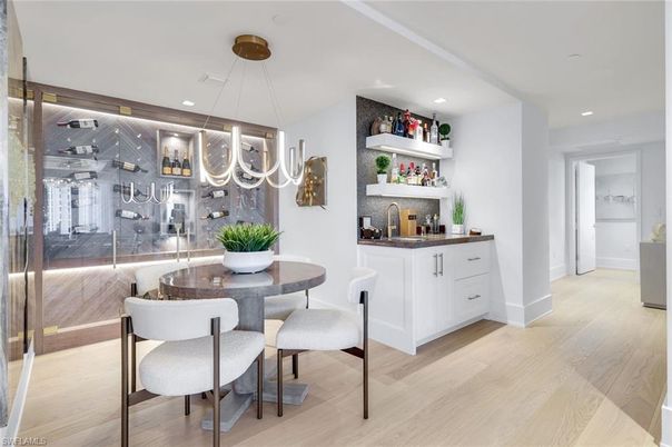 Dining room, Interior, Pendant Lights, Recessed Lighting, Wood Texture Flooring