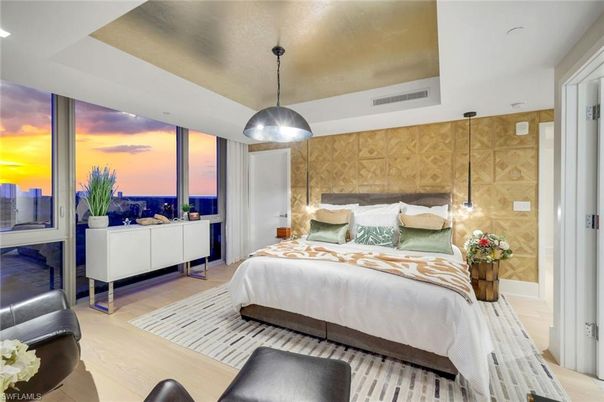 Bedroom, Interior, Pendant Lights, Water, Wood Texture Flooring