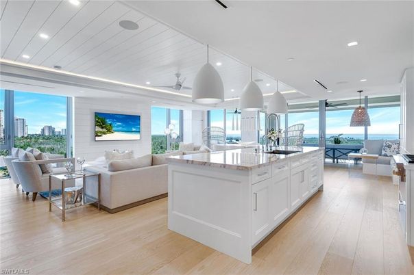 Interior, Kitchen, Living room, Pendant Lights, Recessed Lighting, Wood Texture Flooring