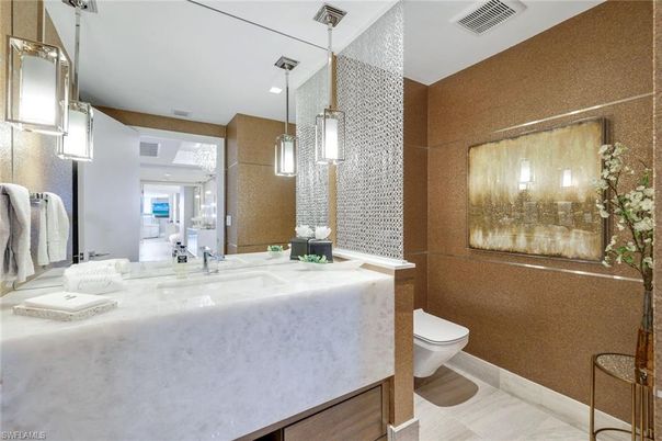 Bathroom, Interior, Pendant Lights, Wood Texture Flooring