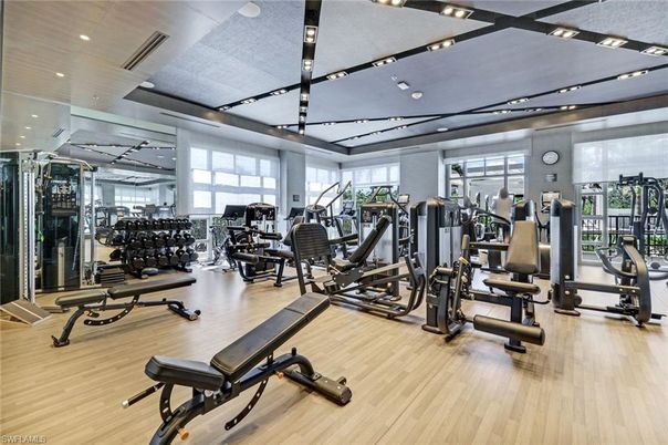 Fitness Equipment, Gym, Interior, Recessed Lighting, Wood Texture Flooring