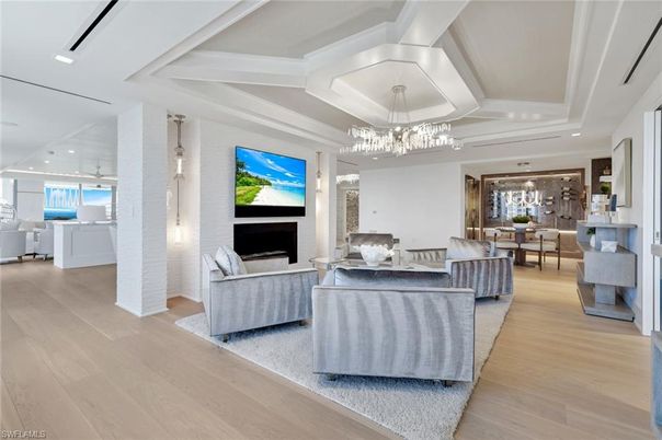Dining room, Interior, Living room, Pendant Lights, Recessed Lighting, Wood Texture Flooring