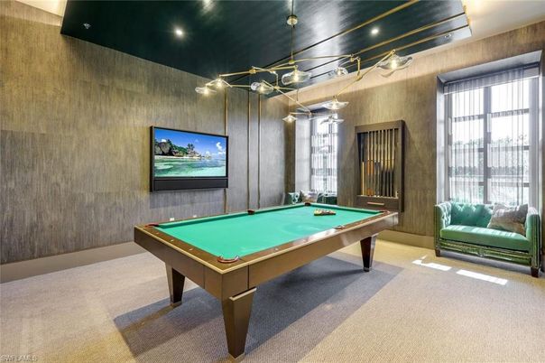 Billiard Table, Game Room, Interior, Pendant Lights, Recessed Lighting, Wooden Walls