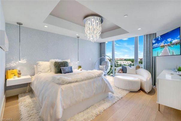Bedroom, Chandelier, Interior, Pendant Lights, Recessed Lighting, Wood Texture Flooring