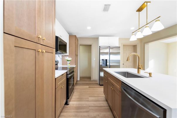 Interior, Kitchen, Pendant Lights, Recessed Lighting, Stainless Steel Appliances, Wood Texture Flooring