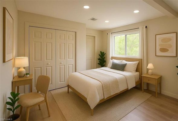 Bedroom, Interior, Recessed Lighting, Wood Texture Flooring