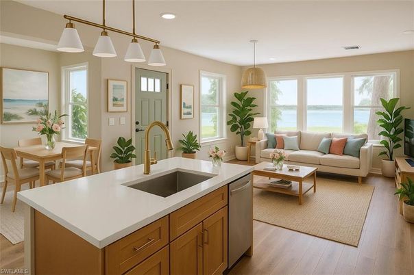 Dining room, Interior, Kitchen, Living room, Pendant Lights, Recessed Lighting, Water, Wood Texture Flooring