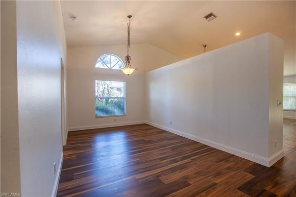 Empty room, Interior, Pendant Lights, Recessed Lighting, Wood Texture Flooring