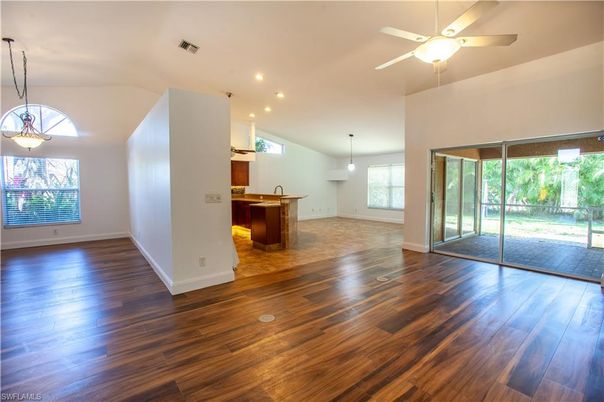 Empty room, Interior, Kitchen, Pendant Lights, Recessed Lighting, Wood Texture Flooring