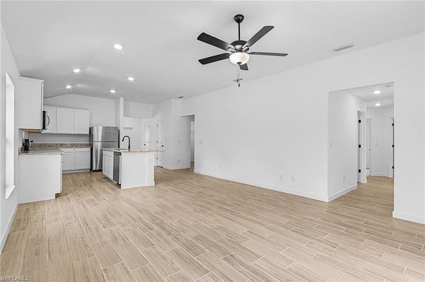 Empty room, Interior, Kitchen, Recessed Lighting, Wood Texture Flooring