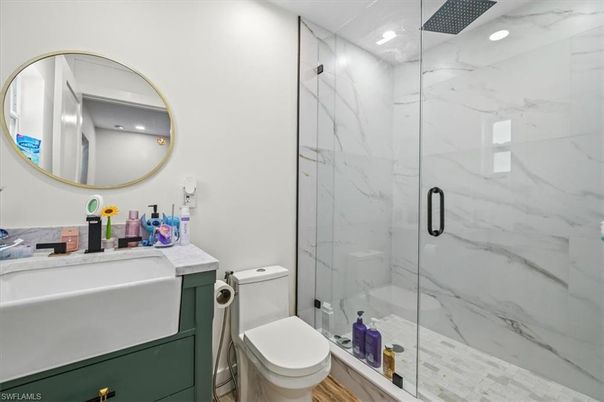 Bathroom, Glass Shower, Interior, Marble Walls, Recessed Lighting