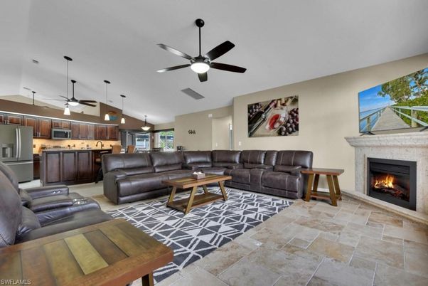 Fireplace, Interior, Kitchen, Living room, Pendant Lights