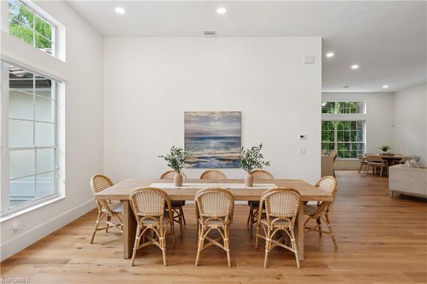 Dining room, Interior, Recessed Lighting, Wood Texture Flooring