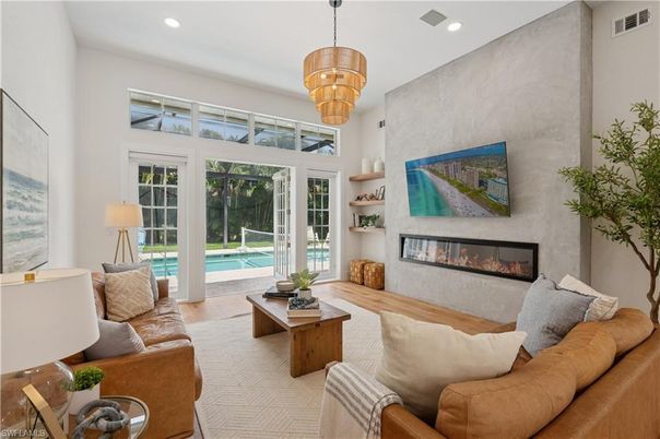 Chandelier, Fireplace, Interior, Living room, Recessed Lighting