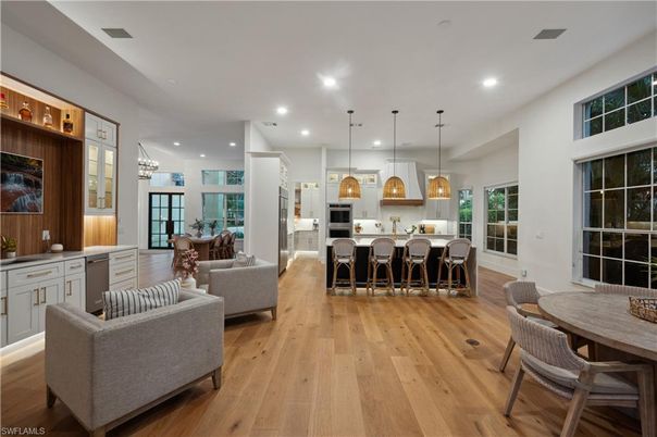 Dining room, Interior, Kitchen, Living room, Pendant Lights, Recessed Lighting, Stainless Steel Appliances, Wood Texture Flooring