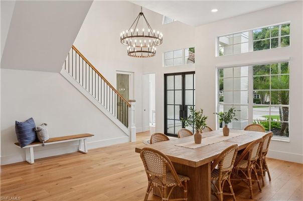 Chandelier, Dining room, Interior, Recessed Lighting, Wood Texture Flooring