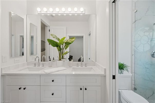 Bathroom, Dual Sink Vanities, Glass Shower, Interior, Marble Walls
