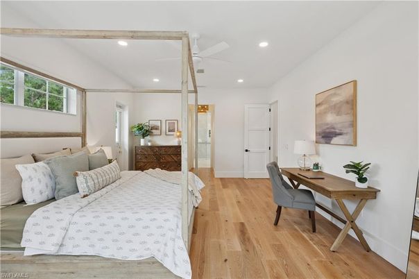 Bedroom, Home Office, Interior, Recessed Lighting, Wooden Beams, Wood Texture Flooring