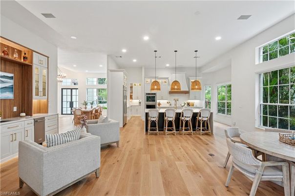 Dining room, Interior, Kitchen, Living room, Pendant Lights, Recessed Lighting, Wood Texture Flooring