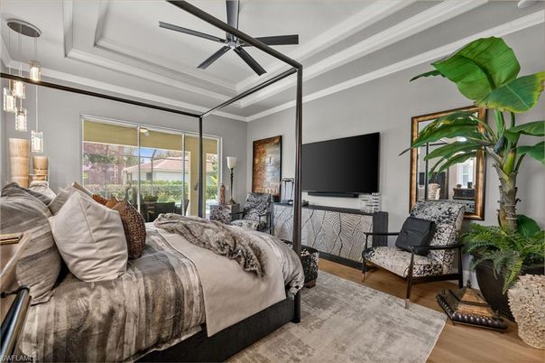 Bedroom, Interior, Pendant Lights, Wood Texture Flooring