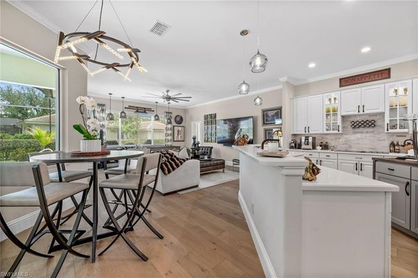 Dining room, Interior, Kitchen, Living room, Pendant Lights, Recessed Lighting, Wood Texture Flooring