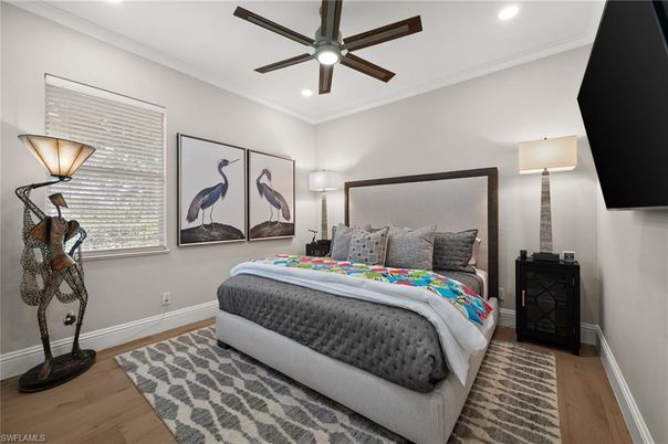 Bedroom, Interior, Recessed Lighting, Wood Texture Flooring