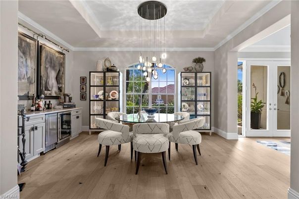 Dining room, Interior, Pendant Lights, Wood Texture Flooring